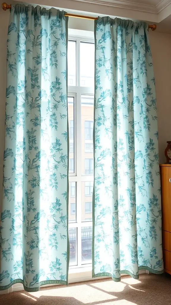 21 Charming Light Blue Dorm Room Ideas to Refresh Your Space 2 Light blue curtains with floral patterns hanging in a bright room