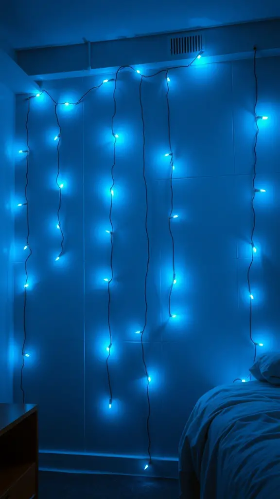 21 Charming Light Blue Dorm Room Ideas to Refresh Your Space 12 Light blue fairy lights hanging on a wall in a dorm room