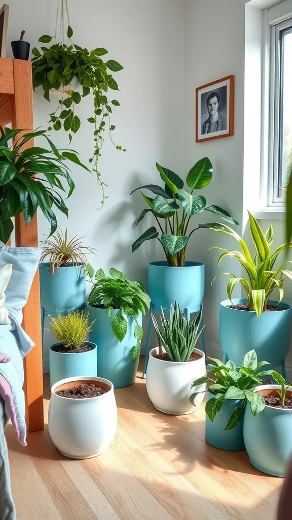 21 Charming Light Blue Dorm Room Ideas to Refresh Your Space 17 Cozy dorm room corner with various plants in light blue pots