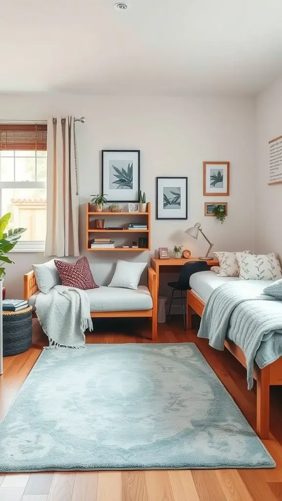 21 Charming Light Blue Dorm Room Ideas to Refresh Your Space 7 A cozy dorm room featuring a light blue rug, wooden furniture, and tasteful decor.
