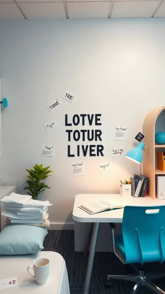 21 Charming Light Blue Dorm Room Ideas to Refresh Your Space 16 A light blue themed study area with a desk, blue chair, open book, motivational notes on the wall, and a green plant.