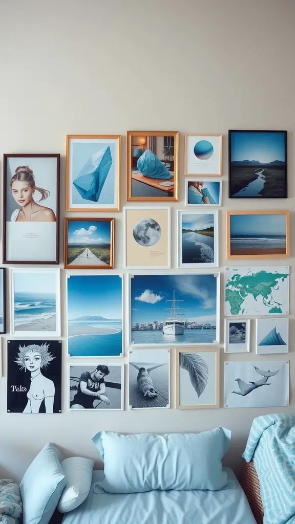 21 Charming Light Blue Dorm Room Ideas to Refresh Your Space 9 A collection of light blue wall art and posters, featuring various styles and frames, arranged above a light blue bed.