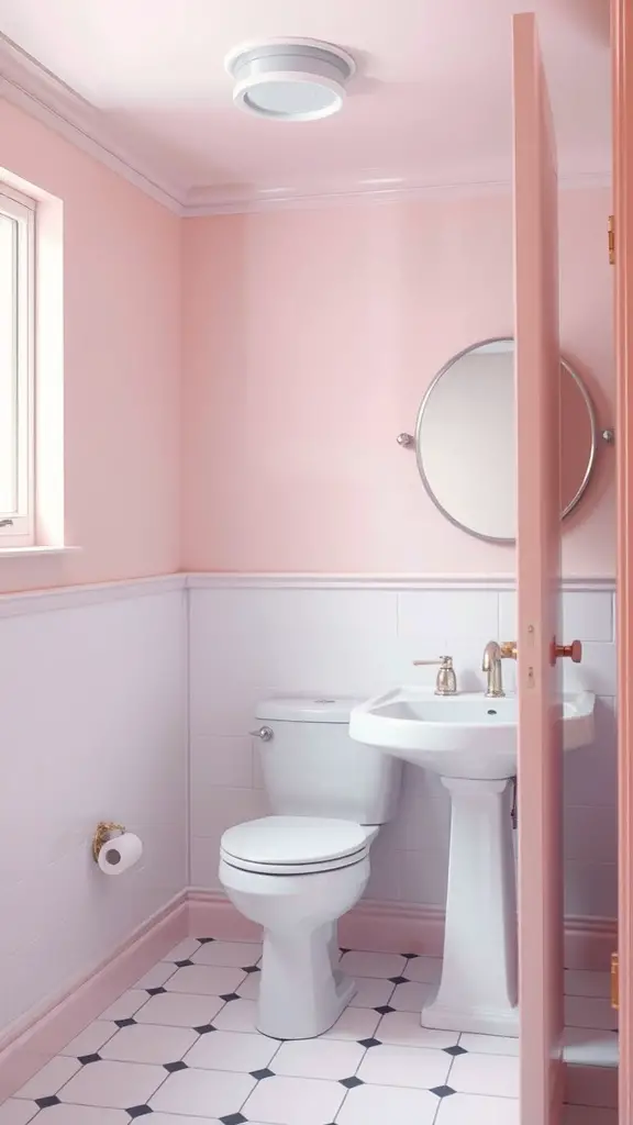 19 Stylish Small Main Bathroom Ideas to Maximize Space 4 A small bathroom with light pink walls, a round mirror, and white fixtures