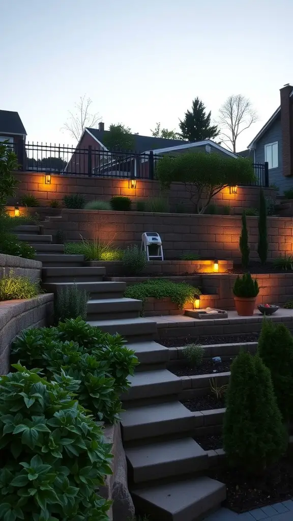 23 Inspiring Retaining Wall Steps for Your Sloped Backyard 13 A sloped backyard with illuminated retaining walls and steps, featuring plants and warm lighting.