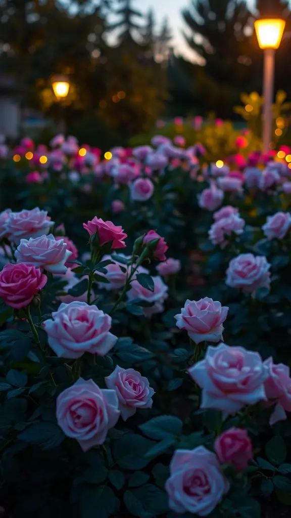 29 Stunning Rose Garden Ideas to Elevate Your Outdoor Space 15 A rose garden at dusk with pink roses and glowing garden lights.