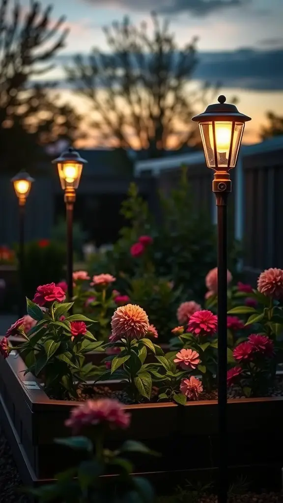 13 Beautiful Raised Flower Bed Ideas for Your Front Yard 15 A raised flower bed with colorful flowers and decorative lamps glowing softly at dusk.