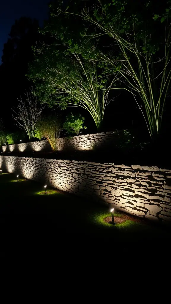 19 Stunning Retaining Wall Ideas for Your Front Yard 14 Illuminated retaining wall with trees and path lights at night