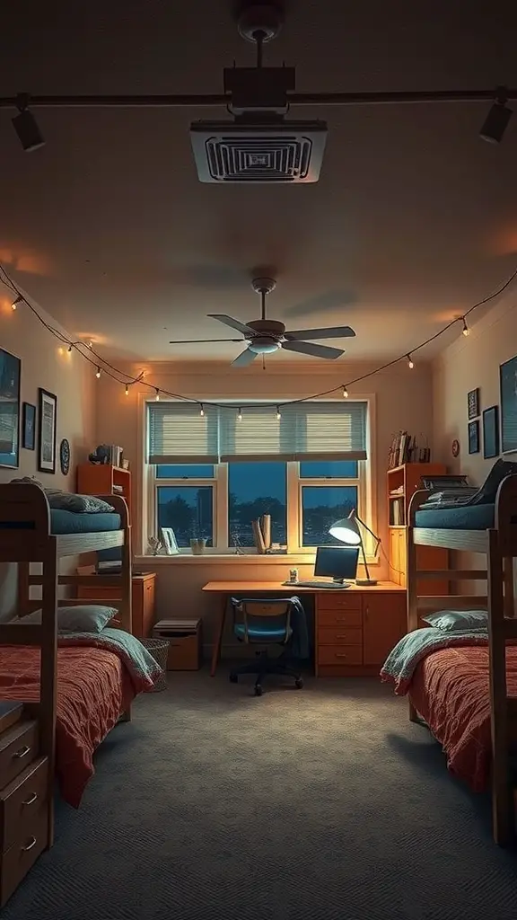 23 Creative Triple Dorm Room Ideas to Maximize Space and Style 11 A cozy triple dorm room with string lights, a desk lamp, and large windows, creating a warm and inviting atmosphere.