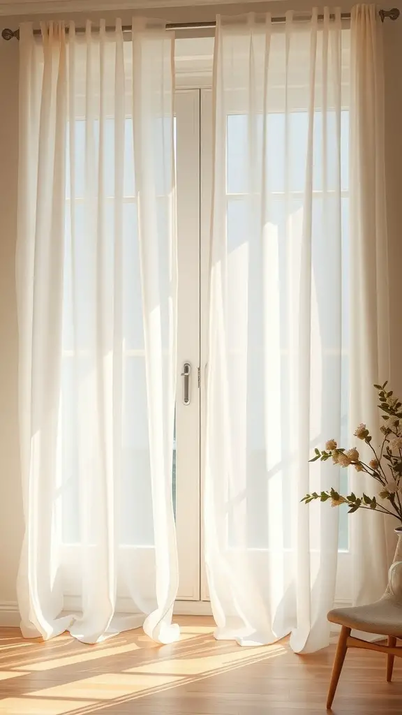 23 Fresh Summer Home Decor Ideas to Refresh Your Space 11 Lightweight cotton curtains in a brightly lit room with wooden flooring and a plant.