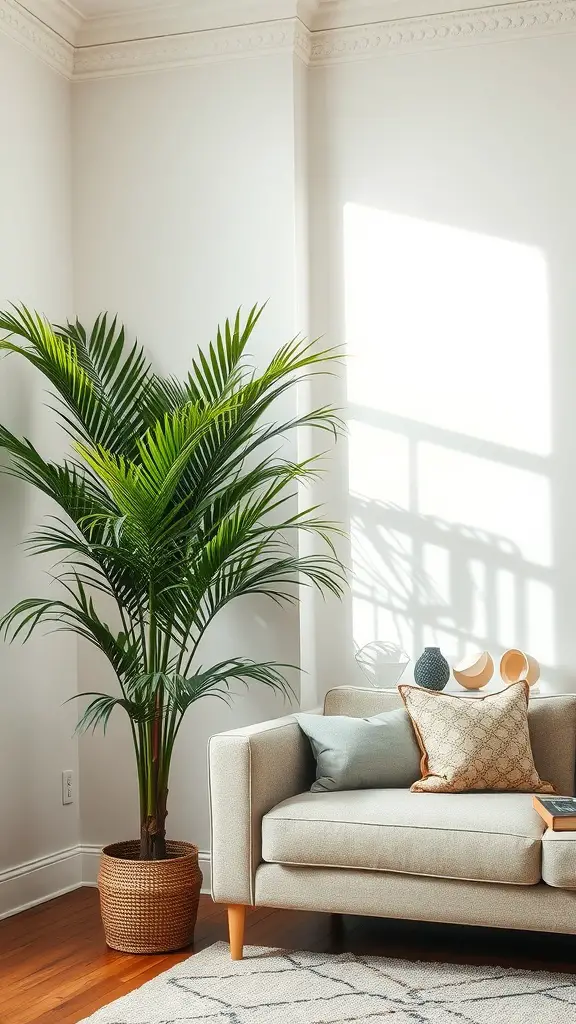23 Stylish Living Room Plant Ideas to Elevate Your Space 17 A parlor palm beside a light sofa in a well-lit living room.