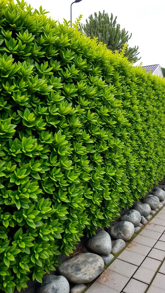 15 Creative DIY Privacy Fence Ideas for Your Backyard 10 A lush green living hedge fence with rounded leaves and a stone path in the foreground.