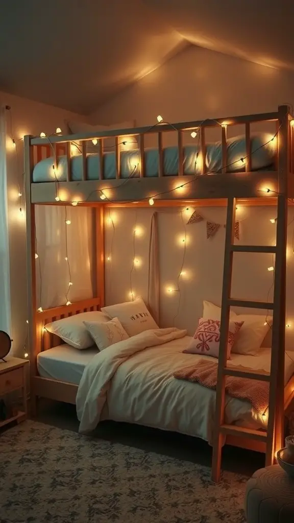 21 Creative Lofted Dorm Bed Ideas for Small Spaces 6 A cozy lofted bed setup with warm lighting, soft bedding, and decorative pillows.