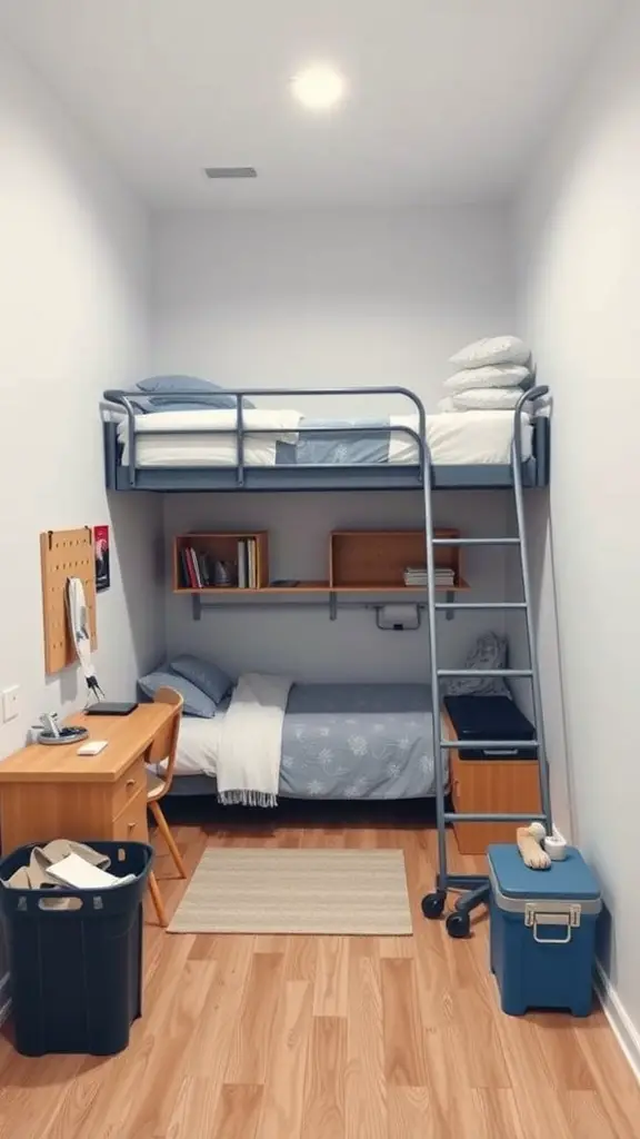 21 Creative Lofted Dorm Bed Ideas for Small Spaces 12 A small room featuring a lofted bed with a desk underneath, showcasing how to utilize space effectively.