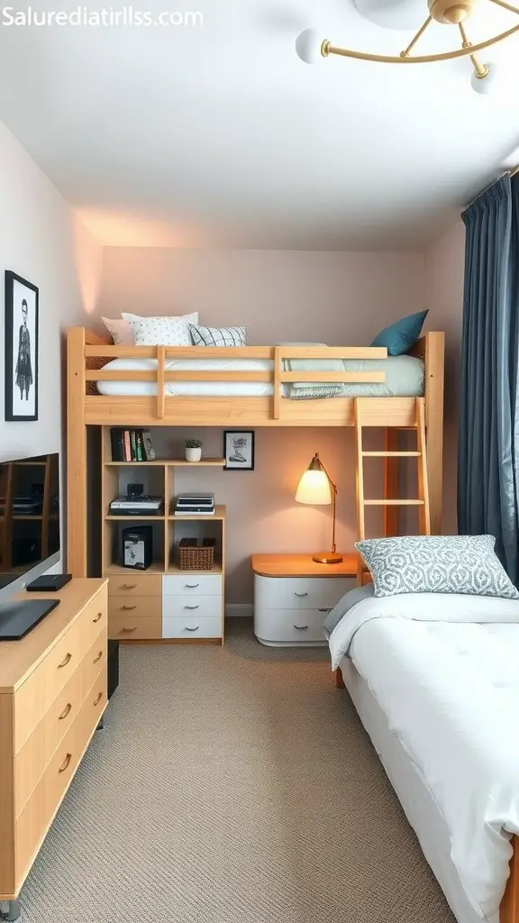 21 Creative Lofted Dorm Bed Ideas for Small Spaces 16 A cozy dorm room featuring a lofted bed, study area, and warm lighting.