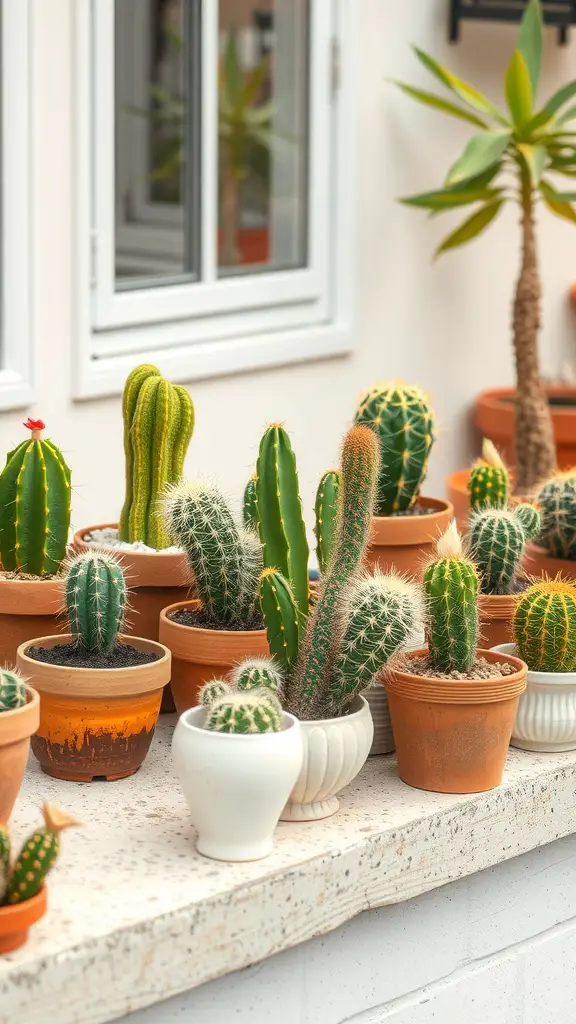 19 Stunning Patio Plant Ideas for Container Gardening 8 A collection of different cacti in various pots on a patio ledge