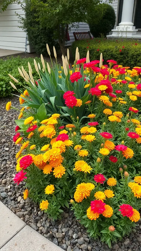 23 Creative Side Yard Landscaping Ideas You’ll Love 16 Colorful flower bed with red and yellow flowers in a side yard landscaping