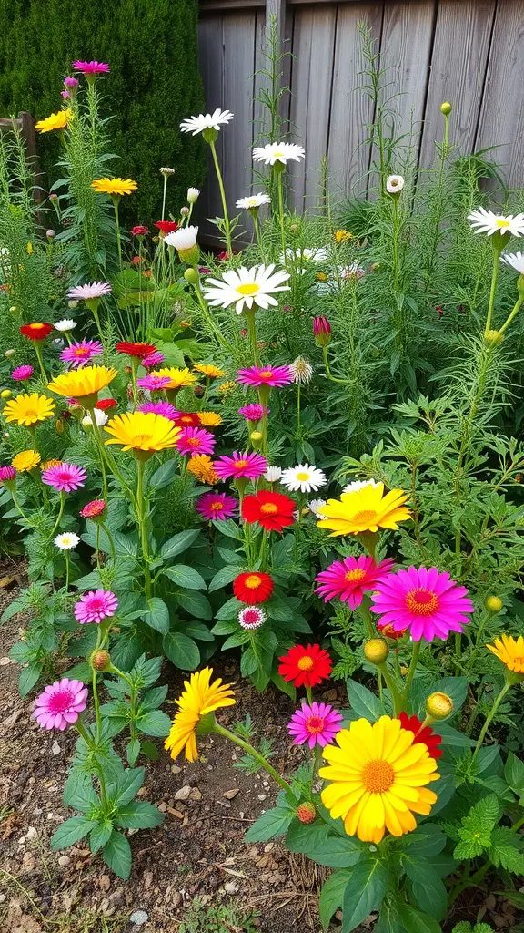 A colorful array of flowers in a backyard garden, including daisies in various shades of pink, yellow, and red.