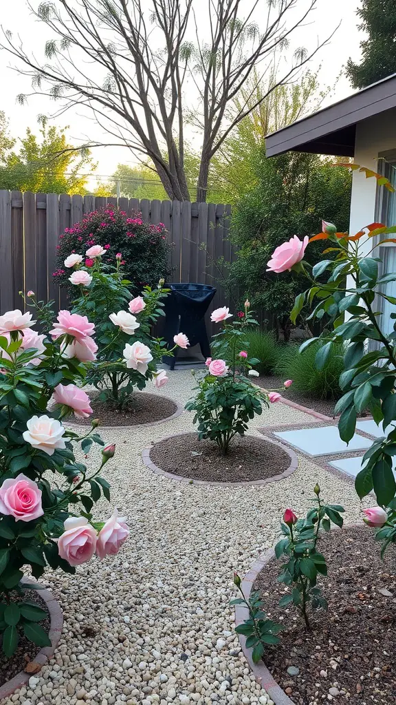 29 Stunning Rose Garden Ideas to Elevate Your Outdoor Space 6 A low-maintenance rose garden featuring pink roses in circular beds surrounded by gravel paths.