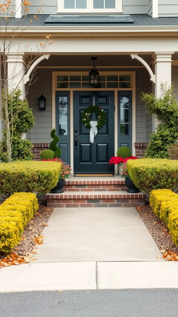 25 Low Maintenance Front Yard Design Ideas You'll Love 9 A front yard with neatly trimmed shrub borders, colorful flowers in pots, and a welcoming entryway.