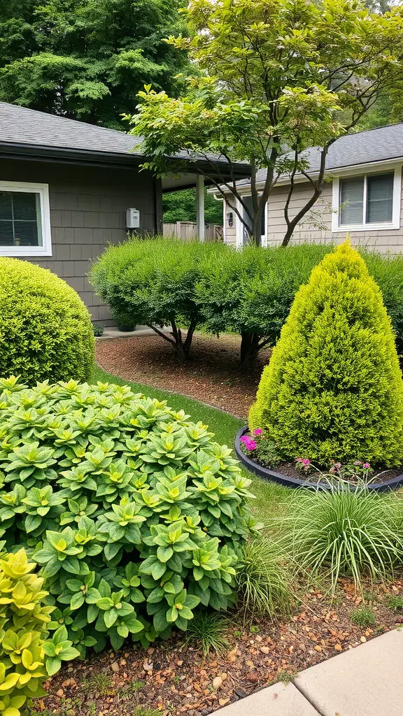 23 Stunning Shrubs for Beautiful Landscaping Ideas 9 A landscaped garden featuring a variety of low-maintenance shrubs, including round and conical shapes, with lush greenery and mulch.
