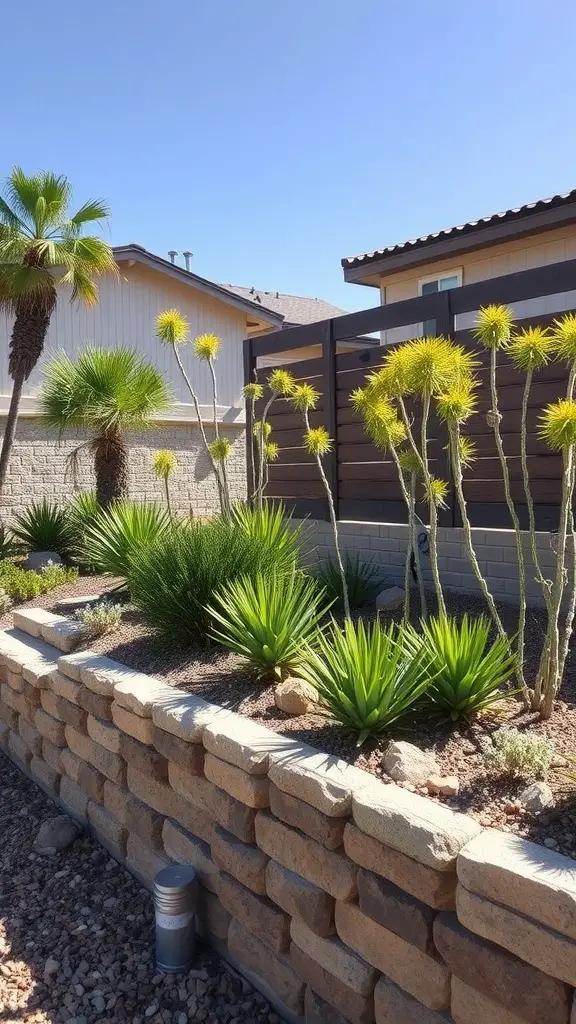 25 Stunning Landscape Retaining Wall Ideas for Your Outdoor Space 16 A landscape featuring a low maintenance retaining wall made of natural stone with various plants including yuccas and flowering cacti.