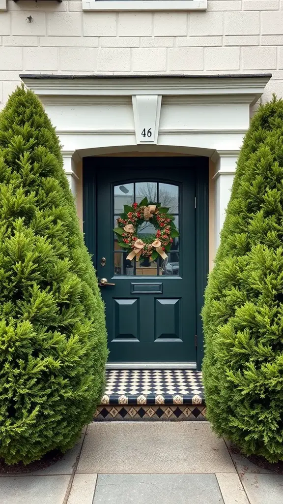 25 Stunning Front Entry Landscaping Ideas for a Welcoming Home 13 A front entry with lush evergreen borders and a decorative wreath on the door.
