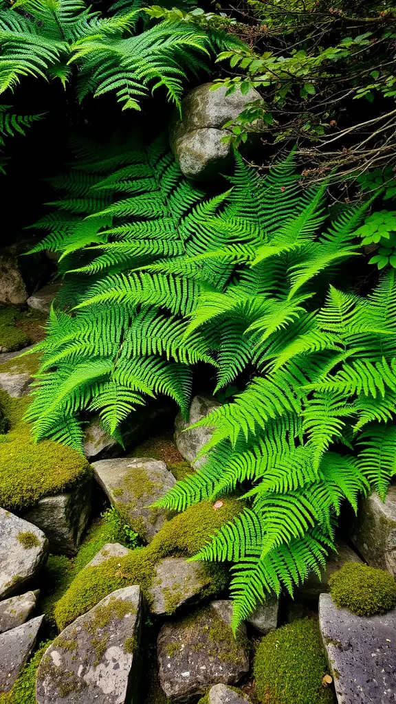 23 Stunning Evergreen Shrubs to Enhance Your Garden 15 Lush green ferns growing among stones and moss in a garden setting.