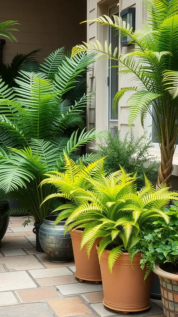 19 Stunning Patio Plant Ideas for Container Gardening 10 Lush ferns in pots on a patio, showcasing vibrant green foliage and earthy pot tones.