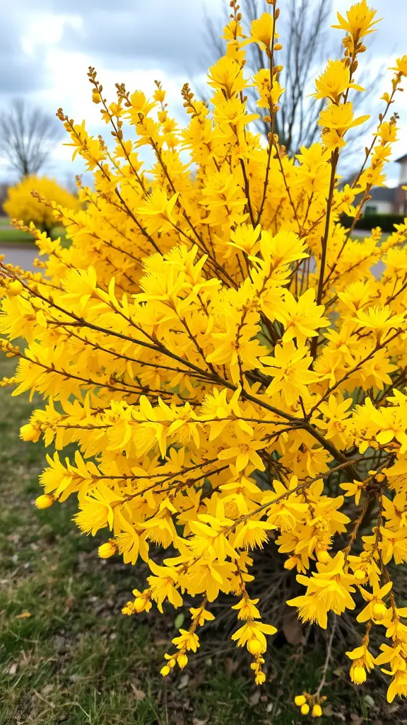 23 Stunning Flowering Shrubs to Transform Your Garden 13 A close-up of blooming forsythia branches with bright yellow flowers against a cloudy sky.