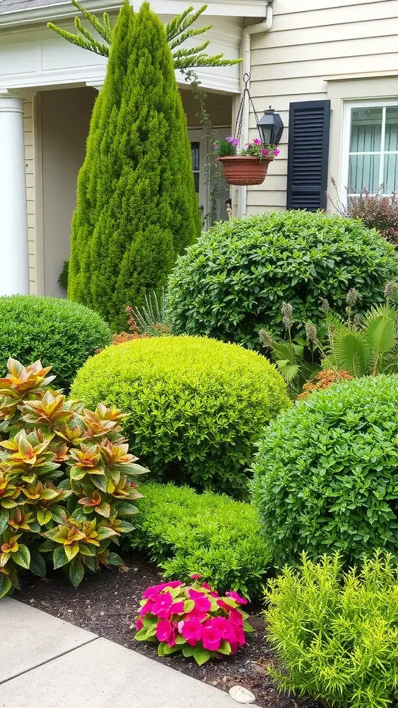 A well-landscaped front yard with lush greenery, rounded shrubs, and bright flowers.