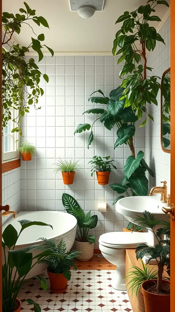15 Fabulous 70s Bathroom Aesthetic Ideas to Inspire Your Renovation 17 A bright bathroom filled with various plants, a bathtub, and a sink, exemplifying lush greenery decor.