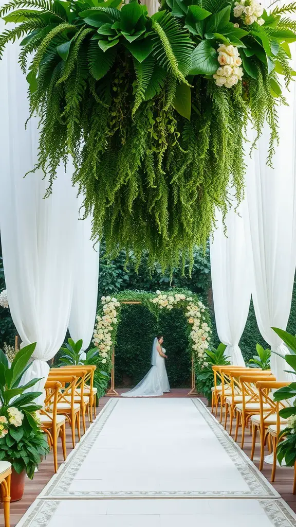 19 Stunning Wedding Decor Ideas for Your Big Day 12 A wedding setting featuring lush greenery and white drapes, with a bride standing in the background near floral arrangements.
