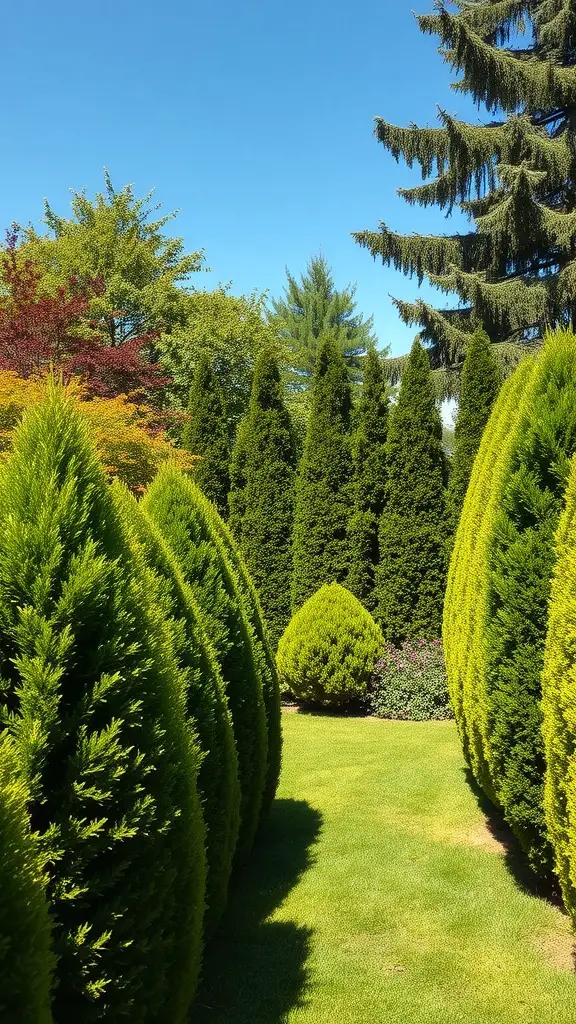 21 Creative Backyard Privacy Ideas to Keep Neighbors at Bay 4 A lush backyard filled with various greenery including evergreen trees and shaped shrubs, creating a natural screen for privacy.
