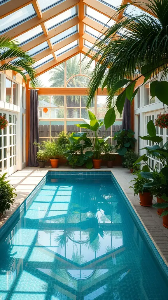 15 Charming Small Pool House Ideas for Your Backyard 17 Indoor garden with a pool, featuring large plants and a glass roof