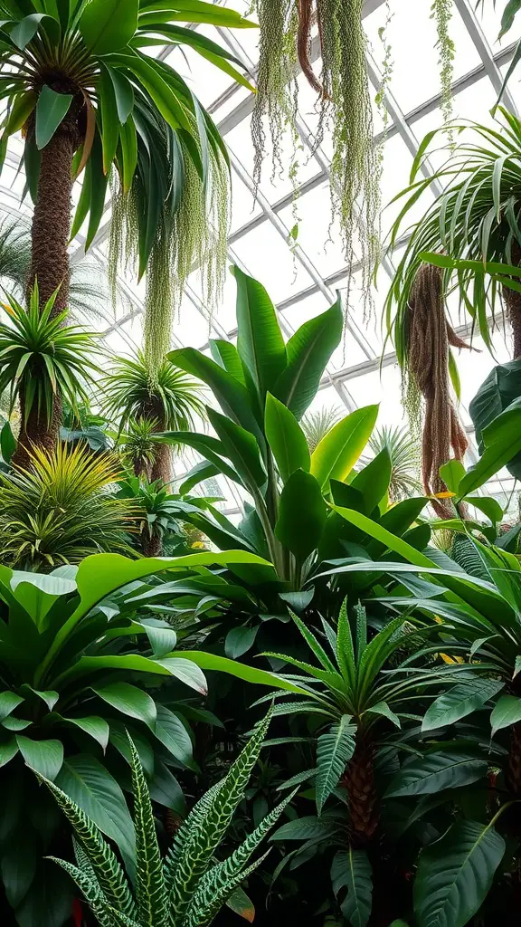 21 Stunning Room Plants Ideas to Transform Your Space 6 A variety of lush indoor plants, including tall palms and hanging vines, creating a jungle-like atmosphere.