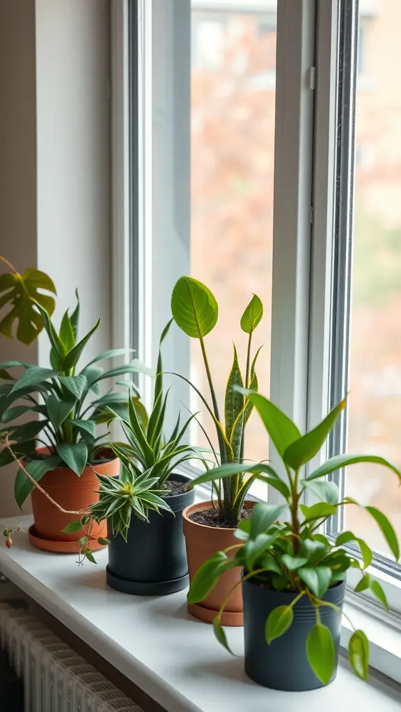 21 Inspiring Green Dorm Room Ideas for a Fresh Study Space 5 Indoor plants arranged on a windowsill, showcasing a variety of shapes and sizes.