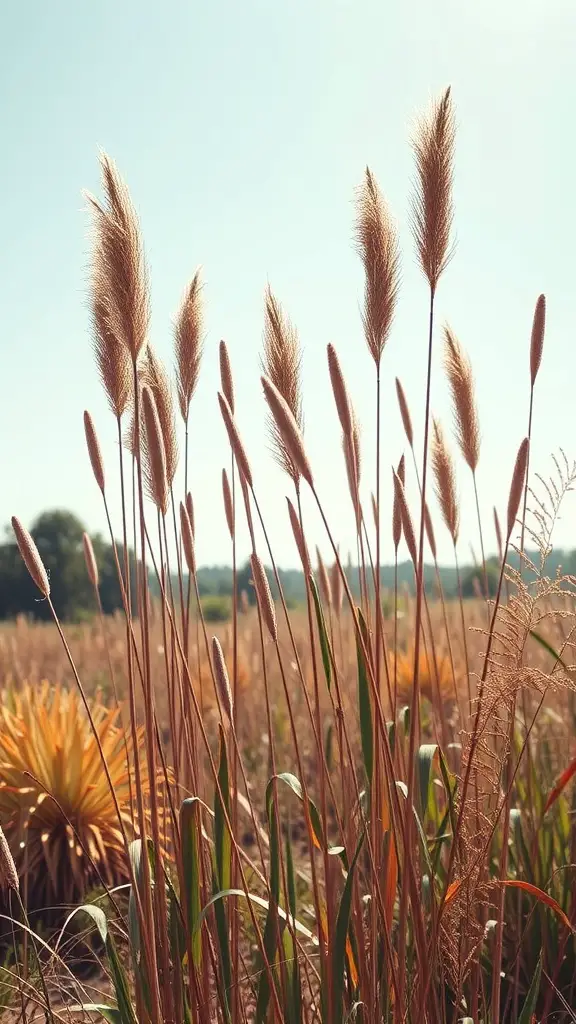 21 Stunning Full Sun Plants for Your Garden 3 Field of ornamental grasses with feathery tops swaying in the breeze under a clear sky