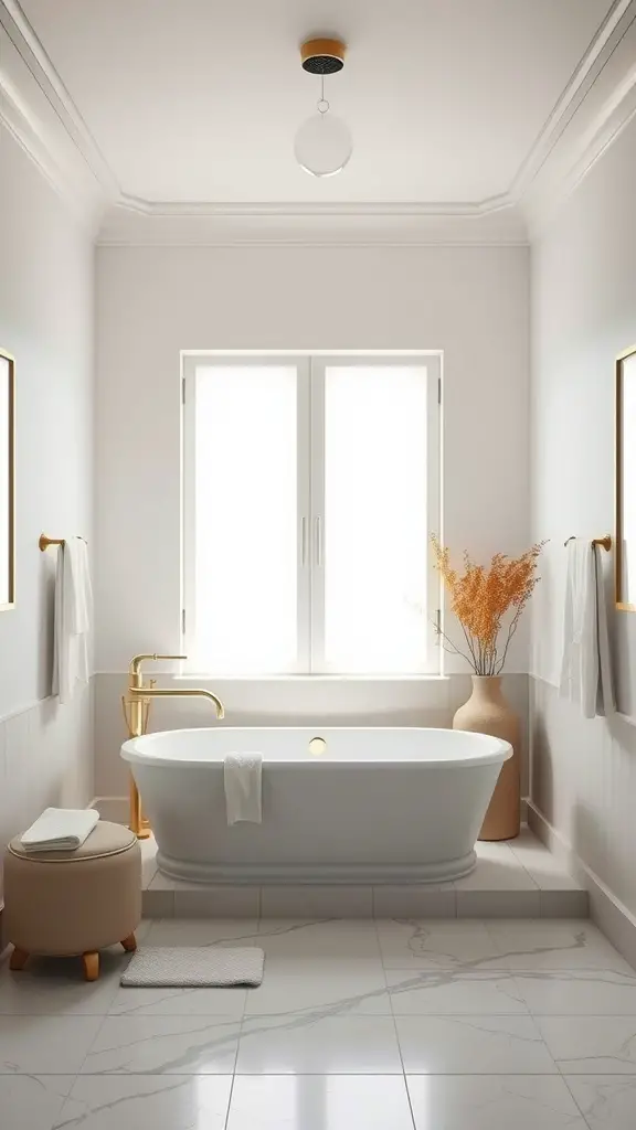 19 Creative Windowless Bathroom Ideas You’ll Love 14 A modern, luxurious windowless bathroom featuring a freestanding tub, golden fixtures, and soft, neutral tones.