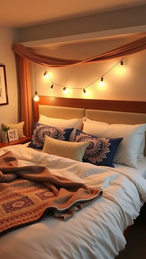 25 Stunning Luxury Dorm Room Ideas to Elevate Your Space 15 Cozy dorm room bed with luxurious bedding, decorative pillows, warm lighting, and a layered blanket