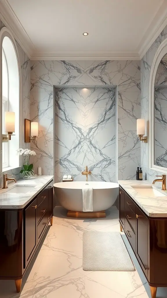 21 Stunning Upstairs Bathroom Ideas You’ll Love 2 Luxurious bathroom with marble finishes, freestanding tub, and dark cabinetry.