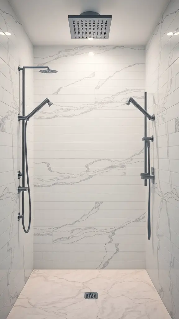 21 Stunning Scandinavian Bathroom Ideas You’ll Love 14 Modern luxurious shower with marble tiles and dual shower heads.