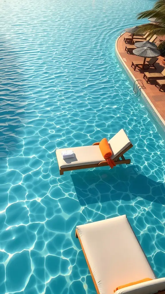13 Dreamy Lazy River Pool Ideas for Your Backyard Transformation 2 Luxury floating loungers on a lazy river pool surrounded by clear blue water.