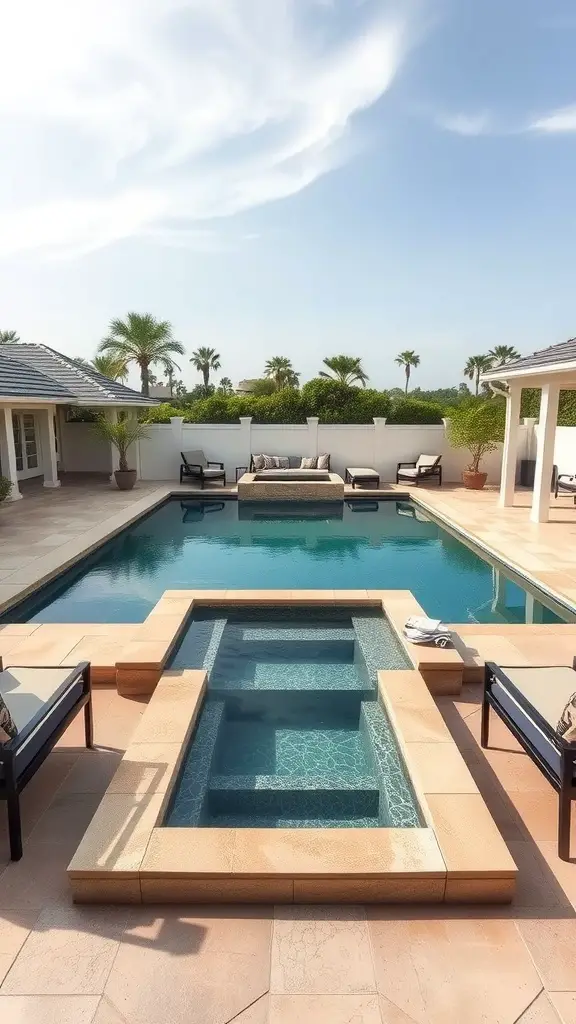 17 Stunning In-Ground Pool Ideas to Transform Your Backyard 5 A luxurious in-ground pool with a built-in spa, surrounded by a stylish patio and palm trees.