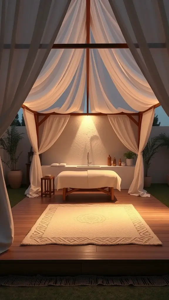15 Stunning Pool Cabana Ideas for Ultimate Relaxation 17 A luxurious spa cabana with draped curtains, a massage table, and soft lighting.