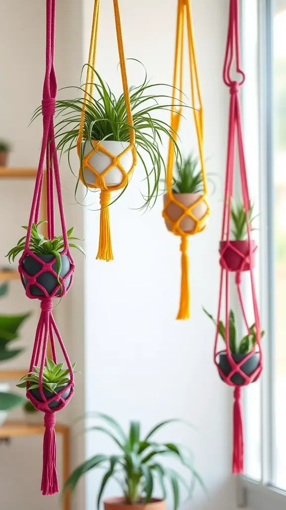 19 Creative Air Plant Display Ideas for Your Home 4 Colorful macramé plant holders displaying air plants in a bright indoor setting.