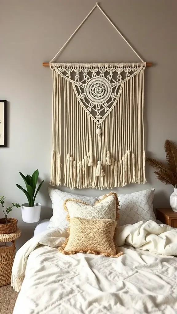17 Creative Dorm Headboard Ideas to Transform Your Space 9 Macrame wall hanging headboard above a bed in a cozy dorm room setting.