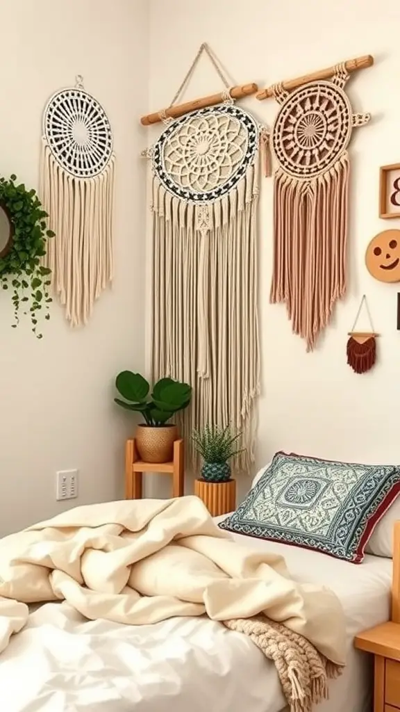 19 Cozy Earthy Dorm Room Ideas to Create Your Peaceful Retreat 9 Macrame wall hangings in a dorm room setting, featuring intricate designs and earthy tones.