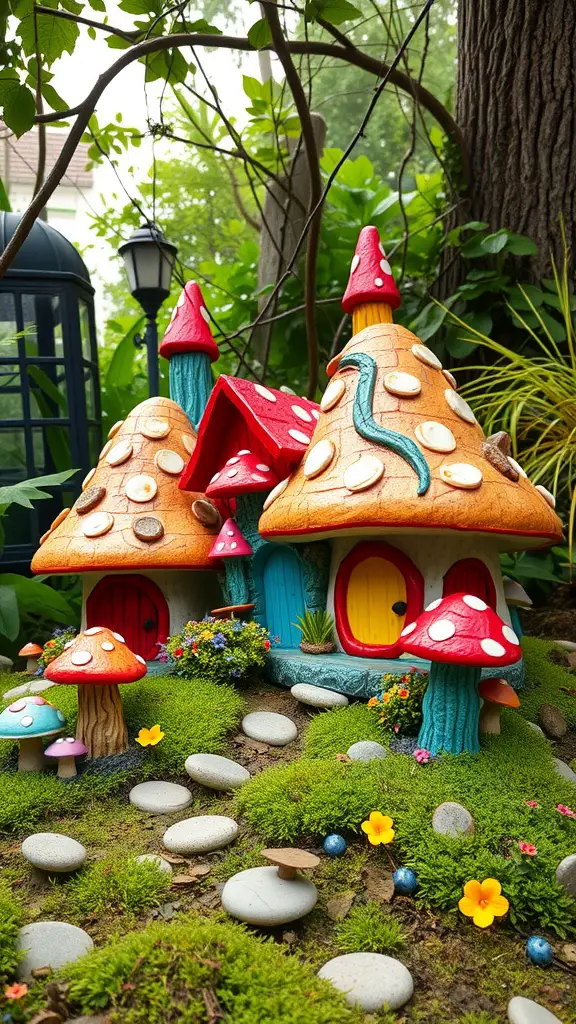 25 Enchanting Outdoor Fairy Garden Ideas to Inspire Your Creativity 2 A colorful mushroom village with three mushroom-shaped houses surrounded by green moss and flowers.