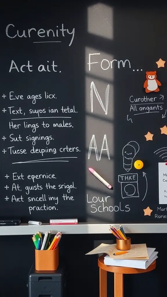 19 Creative Dorm Wall Decor Ideas to Personalize Your Space 12 Magnetic chalkboard filled with notes and reminders, along with colorful markers and decorative magnets.