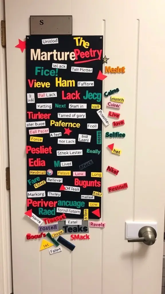 21 Creative Dorm Door Decoration Ideas for a Personal Touch 2 Magnetic poetry board with colorful words displayed on a black background.